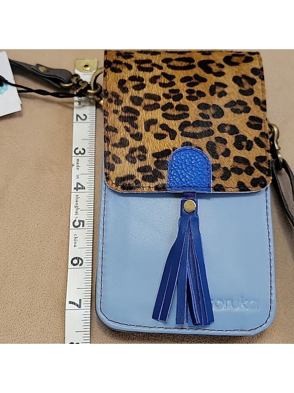 Soruka Gia Blue & Leopard Print Upcycled Leather Crossbody Bag OOAK NWT - Picture 9 of 13